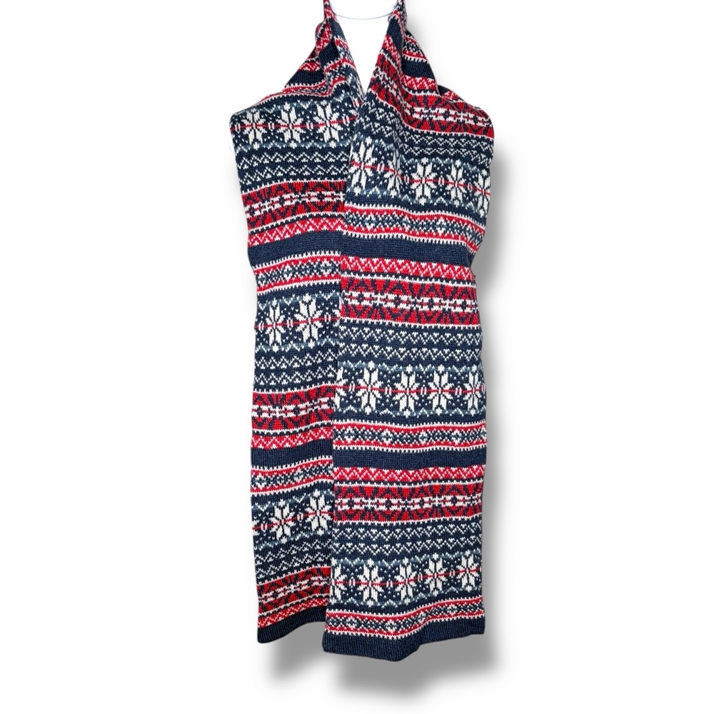 Lambswool Fair Isle Long Scarf Red and Blue Knit Holiday Winter